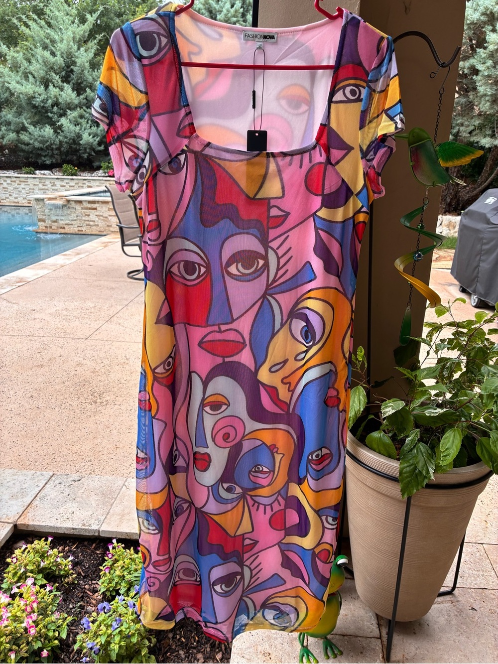 Fashion Nova Multicolor Abstract Midi Dress - Pink, Blue, Yellow